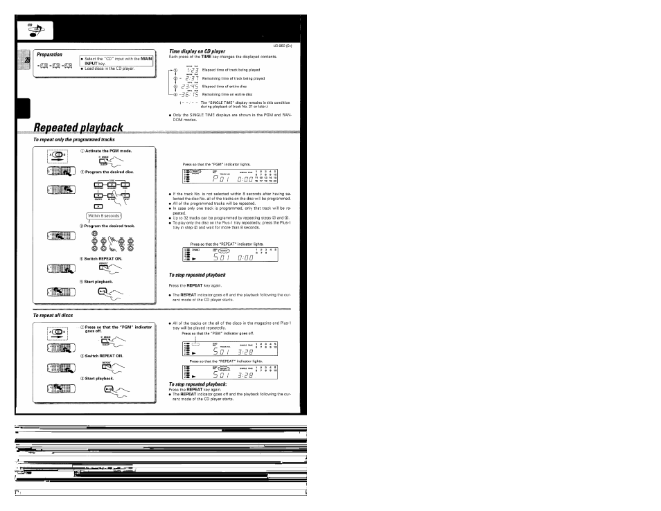 Preparation, Repeated playback, To repeat only the programmed tracks | Time display on cd player, To stop repeated playback, To repeat all discs, B 3.-re | Kenwood UD-952 User Manual | Page 28 / 84