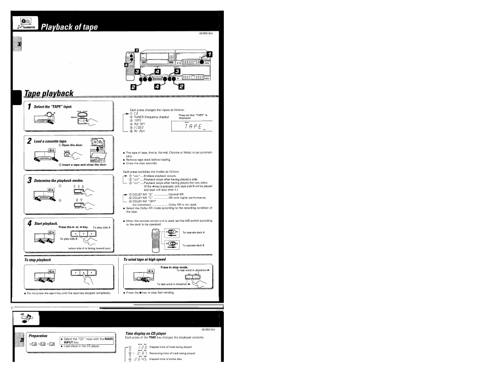 Playback of tape, Tppe playback, Select the “tape" input | To wind tape at high speed, Preparation, Time display on cd player, Playback of tape tppe playback | Kenwood UD-952 User Manual | Page 30 / 84