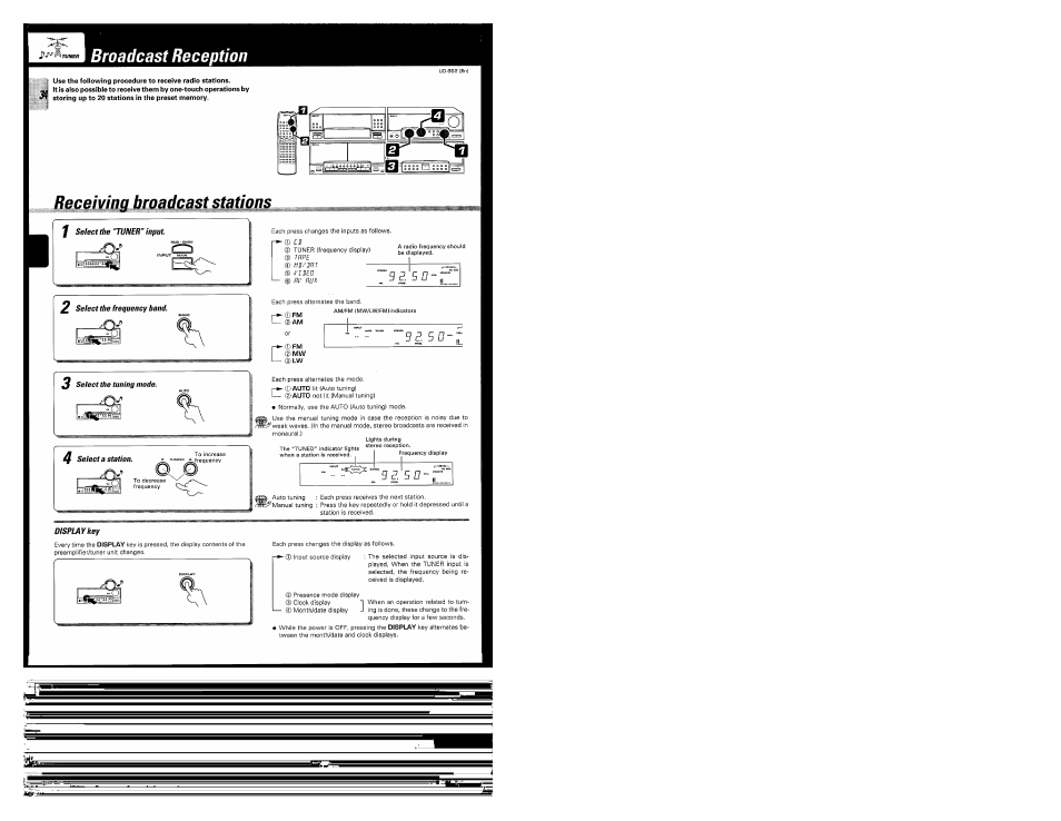 Broadcast reception, Receiving broadcast stations, F select the “tuhbr" input | 2 select the frequency band, Displaykey, 5 z 5 /7 | Kenwood UD-952 User Manual | Page 34 / 84