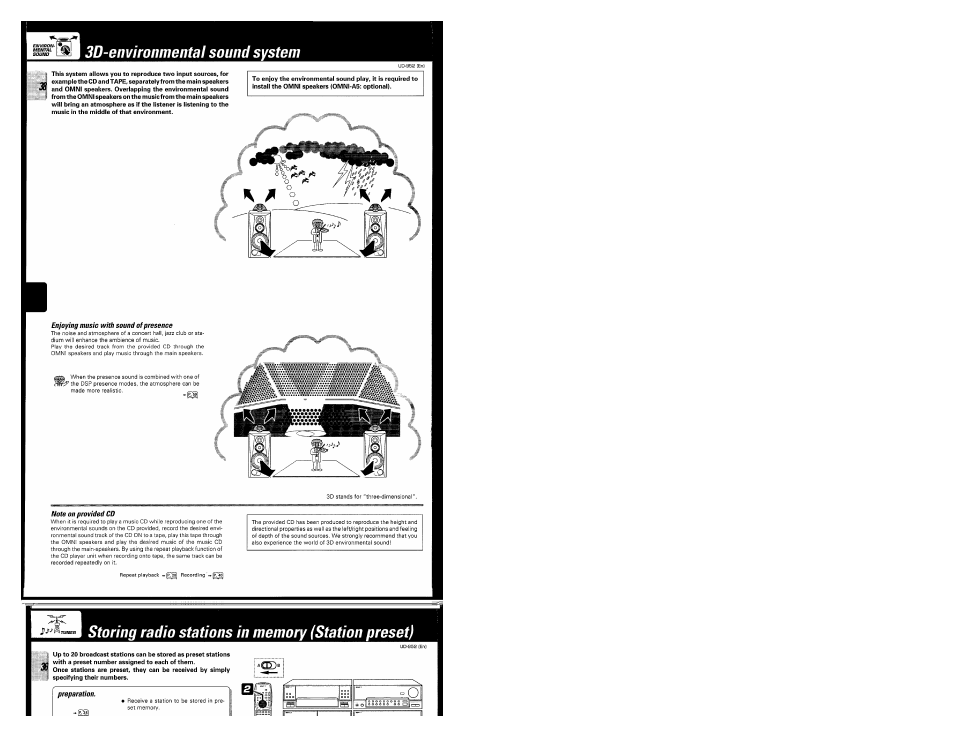 3d-environmental sound system, Enjoying music with sound of presence, Note on provided cd | Storing radio stations in memory (station preset), Preparation | Kenwood UD-952 User Manual | Page 38 / 84
