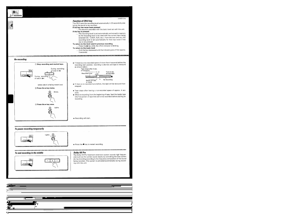 Function of crls key, Re-recording, To pause recording temporarily | Dolby hx pro | Kenwood UD-952 User Manual | Page 42 / 84