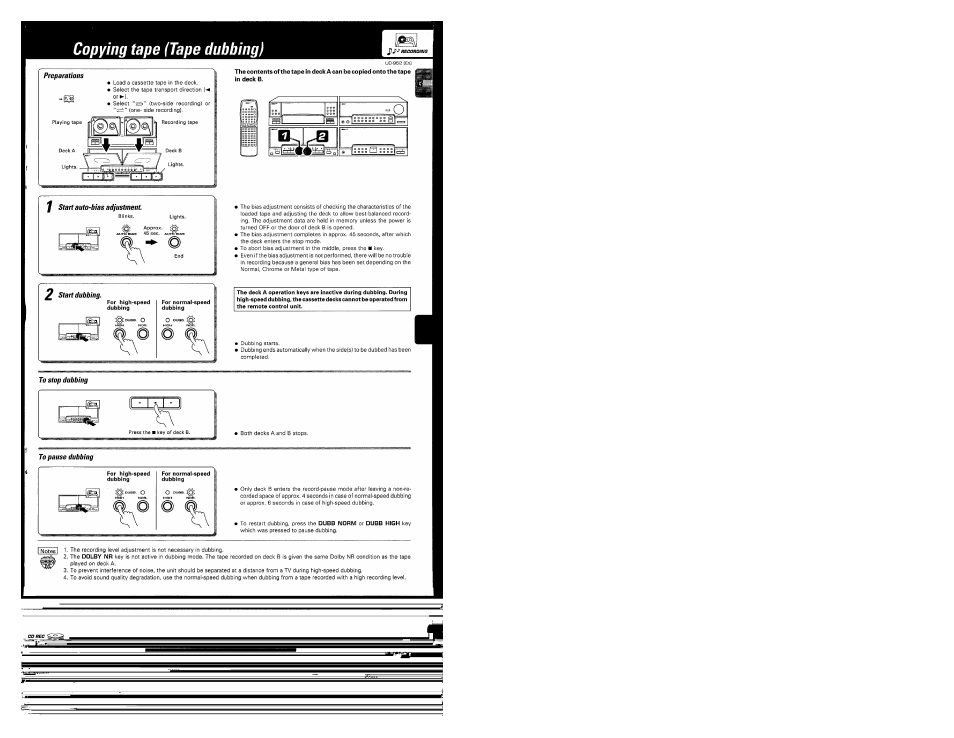 To stop dubbing, To pause dubbing, Copying tape (tape dubbing) | Kenwood UD-952 User Manual | Page 43 / 84