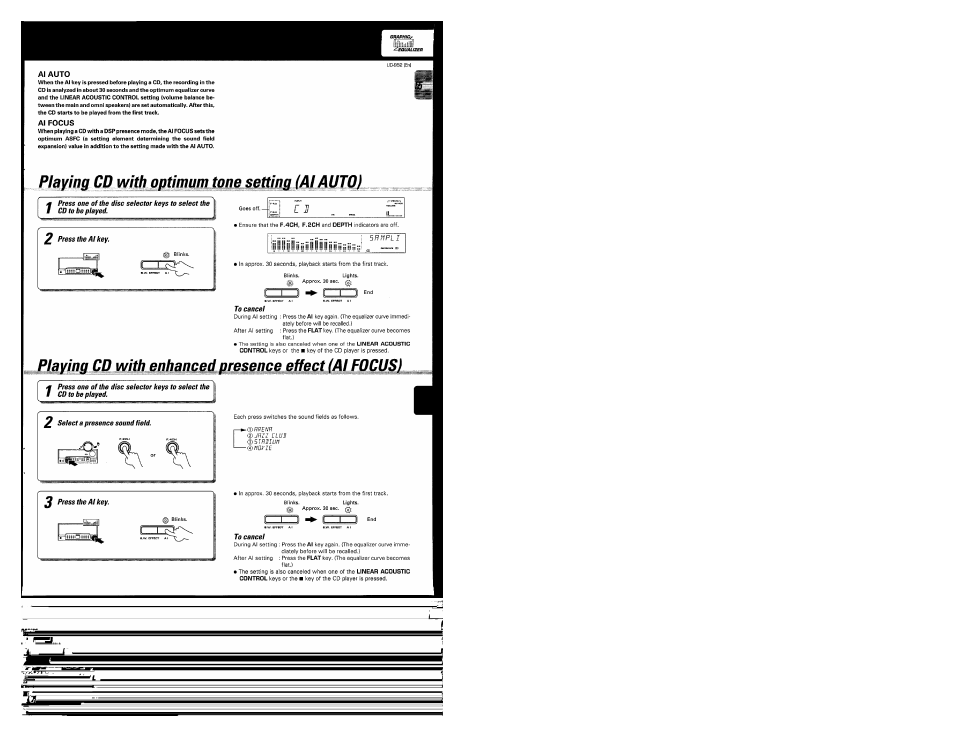 Playina cd with ootimumtone setting i al a uto), Press one of the disc selector keys to select the, 2 press the al key | To cancel, Playing cd with enhanced presence effect (al focus | Kenwood UD-952 User Manual | Page 55 / 84