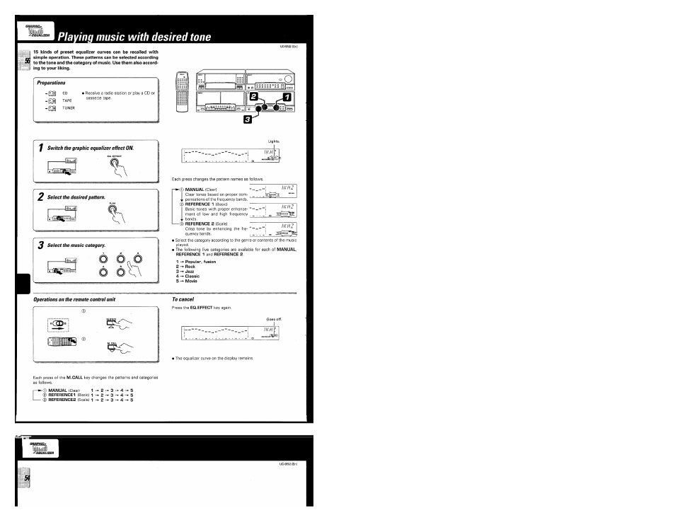 Playing music with desired tone, Preparations, Switch the graphic equalizer effect on | Operations on the remote control unit, To cancel | Kenwood UD-952 User Manual | Page 56 / 84