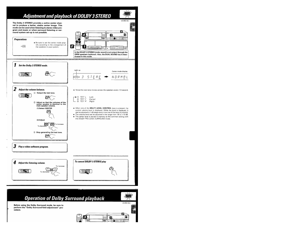 Adjustinent and playback of dolby 3 stereo, Preparations, 2 adjust the volume balance | 3 play a video software program, Operation of dolby surround playback | Kenwood UD-952 User Manual | Page 65 / 84