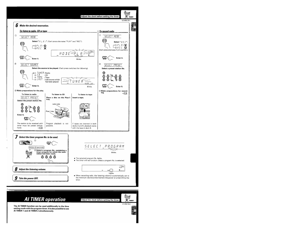 0 make the desired reservation, У select the timer program no. to be used, 0 adjust the listening volume | Ff turn the power off, Al timer operation, R e c o | Kenwood UD-952 User Manual | Page 71 / 84