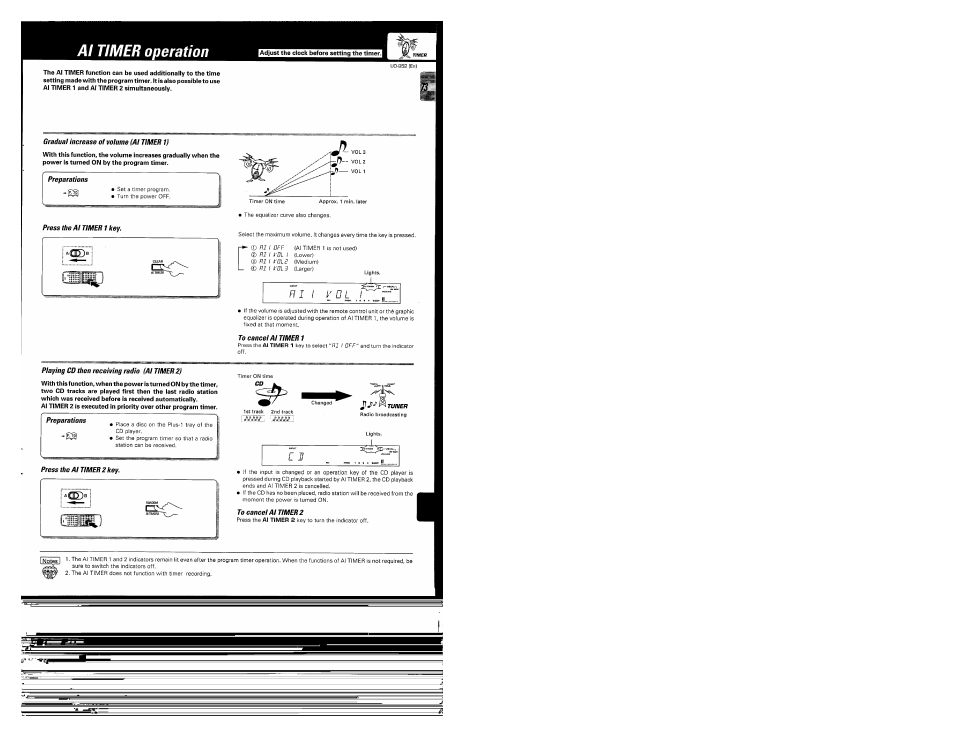 Al timer operation, Gradual increase of volume (al timer 1), To cancel al timer 1 | Kenwood UD-952 User Manual | Page 73 / 84