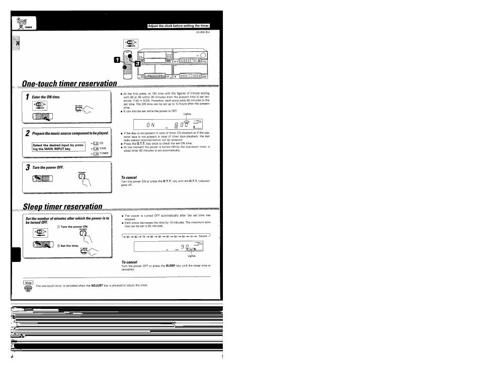 One-touch timer reservation, 2¡ prepare the music source component tobe played, 5 turn the power off | To cancel, Sleep timer reservation | Kenwood UD-952 User Manual | Page 74 / 84