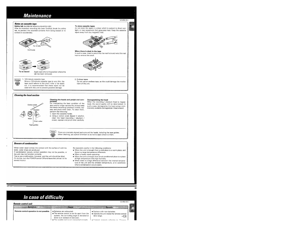 Maintenance, Notes on cassette tape, Cleaning the head section | Beware of condensation, In case of difficulty, Remote control unit | Kenwood UD-952 User Manual | Page 75 / 84