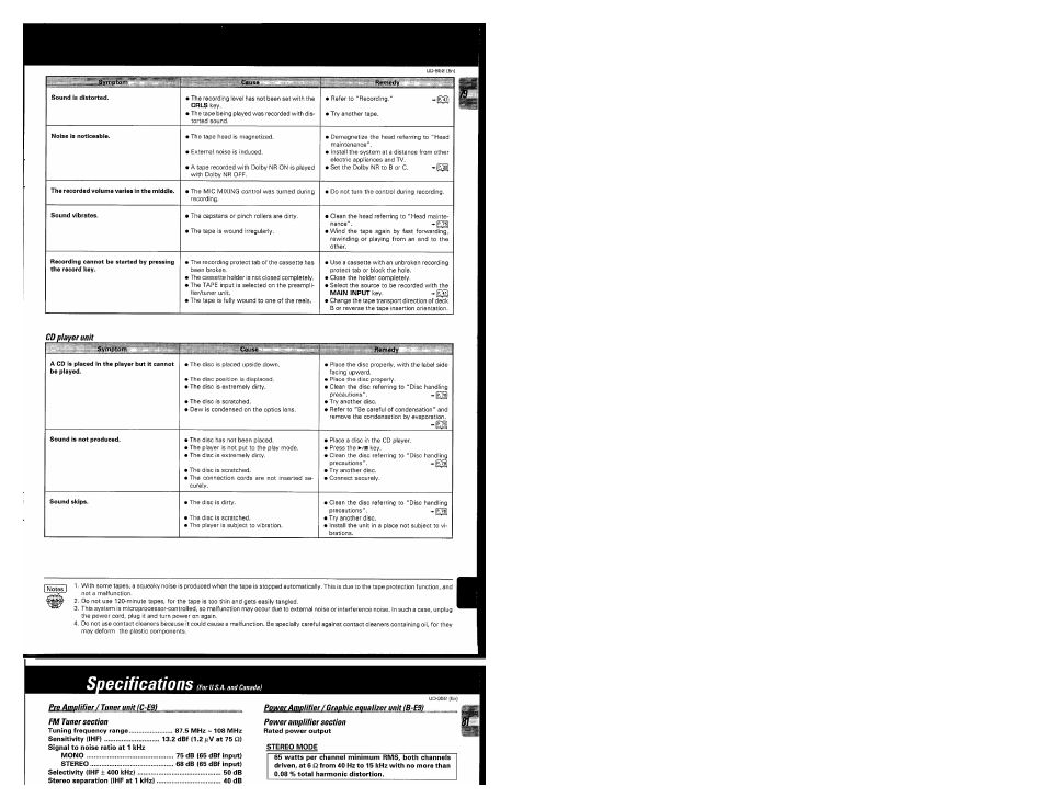 Cd player unit, Specifications, Fm tuner section | Kenwood UD-952 User Manual | Page 79 / 84