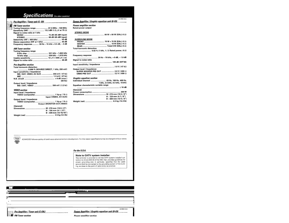 Fm tuner section, Am tuner section, Pro amplifier section | Video section, Power amplifier section, Graphic equalizer section, Fortheu.s.a, Specifications | Kenwood UD-952 User Manual | Page 82 / 84