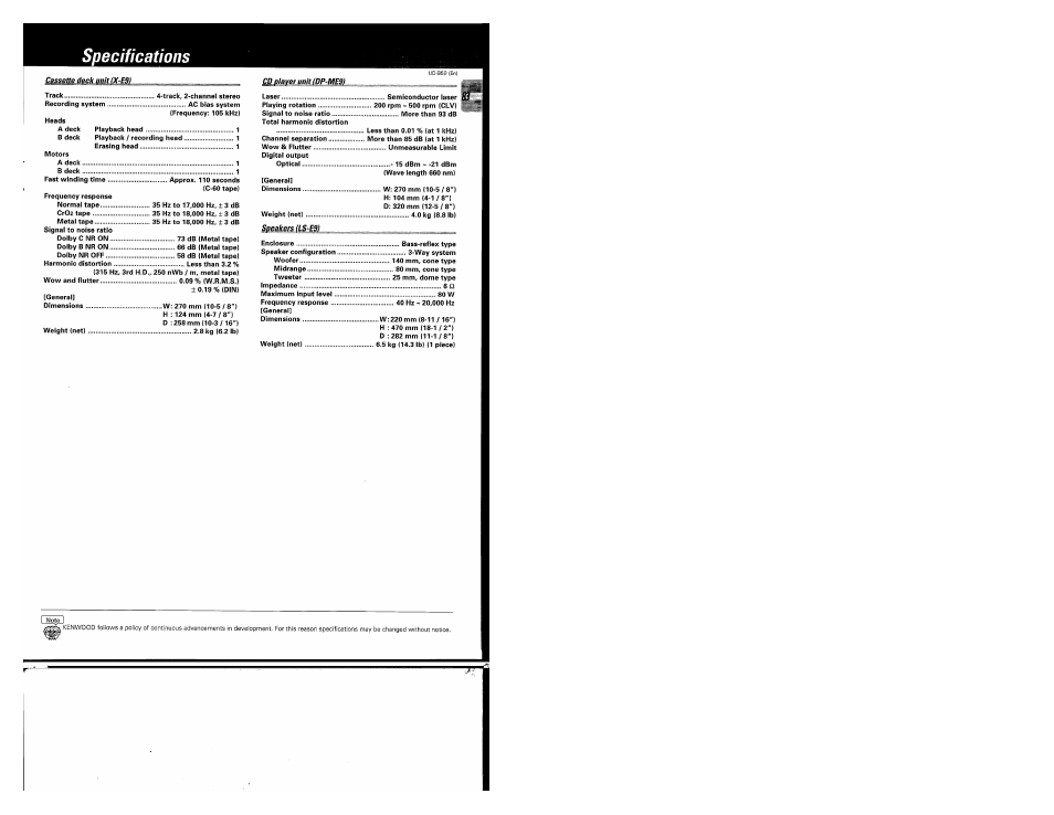 Specifications | Kenwood UD-952 User Manual | Page 83 / 84
