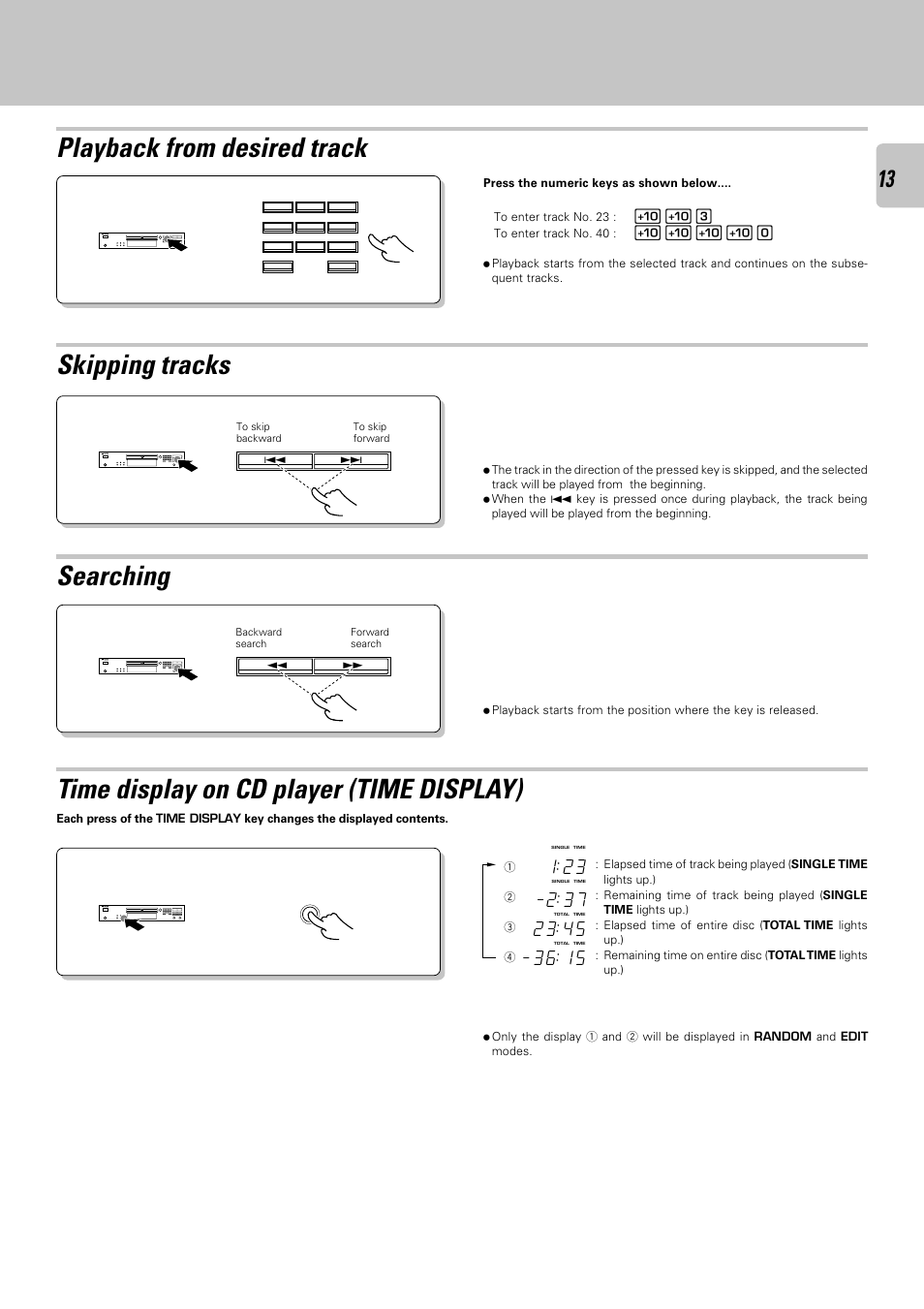 Playback from desired track, Skipping tracks, Searching | Time display on cd player (time display) | Kenwood DPF-3030 User Manual | Page 13 / 24