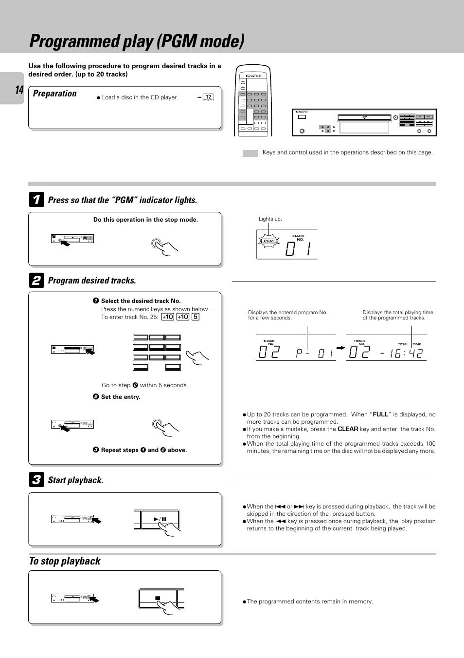 Programmed play (pgm mode), P _ 0 1, Preparation | Start playback | Kenwood DPF-3030 User Manual | Page 14 / 24