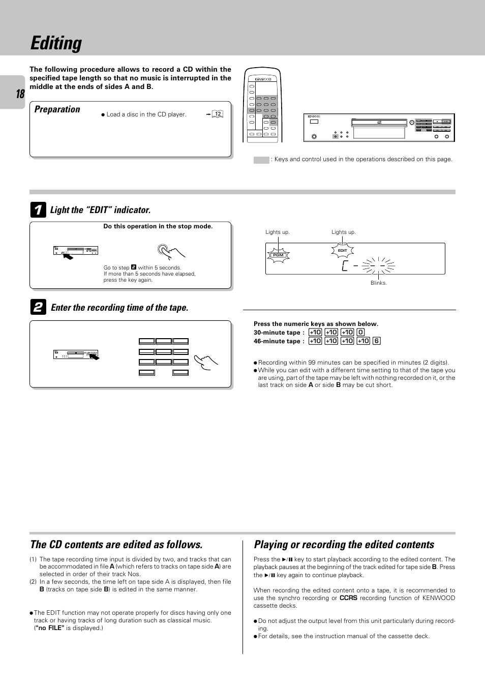 Editing, The cd contents are edited as follows, Playing or recording the edited contents | Preparation, Light the “edit” indicator, Enter the recording time of the tape | Kenwood DPF-3030 User Manual | Page 18 / 24