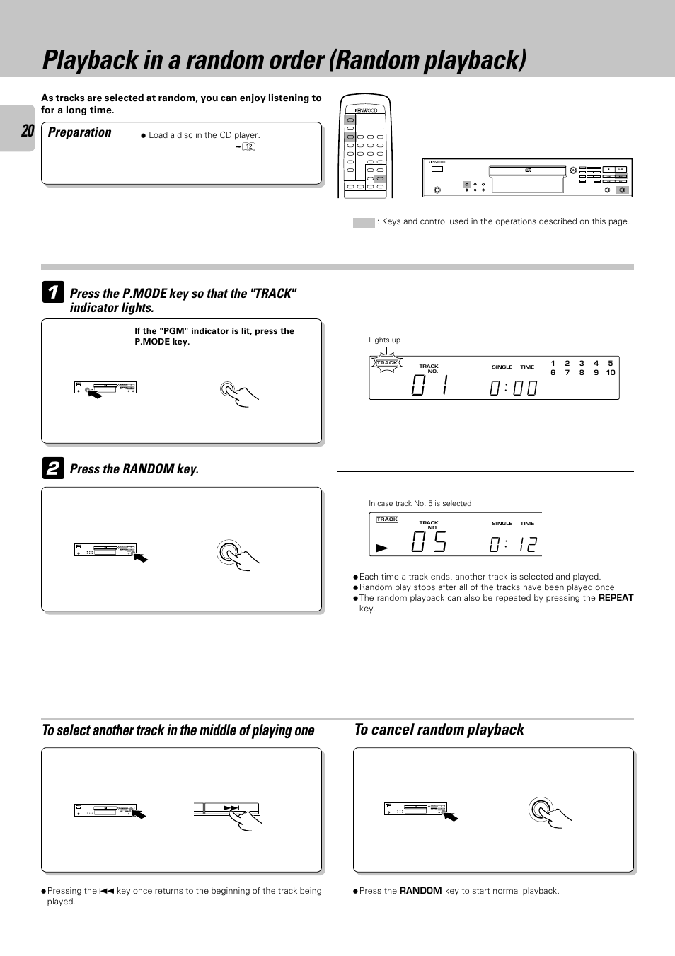 Playback in a random order (random playback), Preparation, Press the random key | Kenwood DPF-3030 User Manual | Page 20 / 24