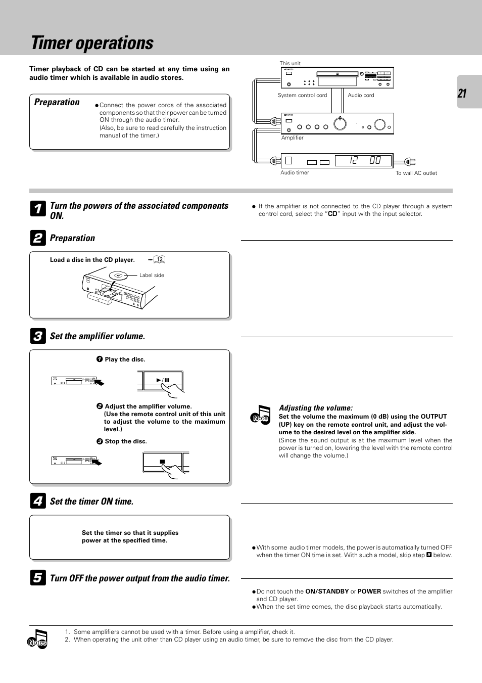 Timer operations, Preparation, Turn the powers of the associated components on | Set the amplifier volume, Set the timer on time, Turn off the power output from the audio timer | Kenwood DPF-3030 User Manual | Page 21 / 24