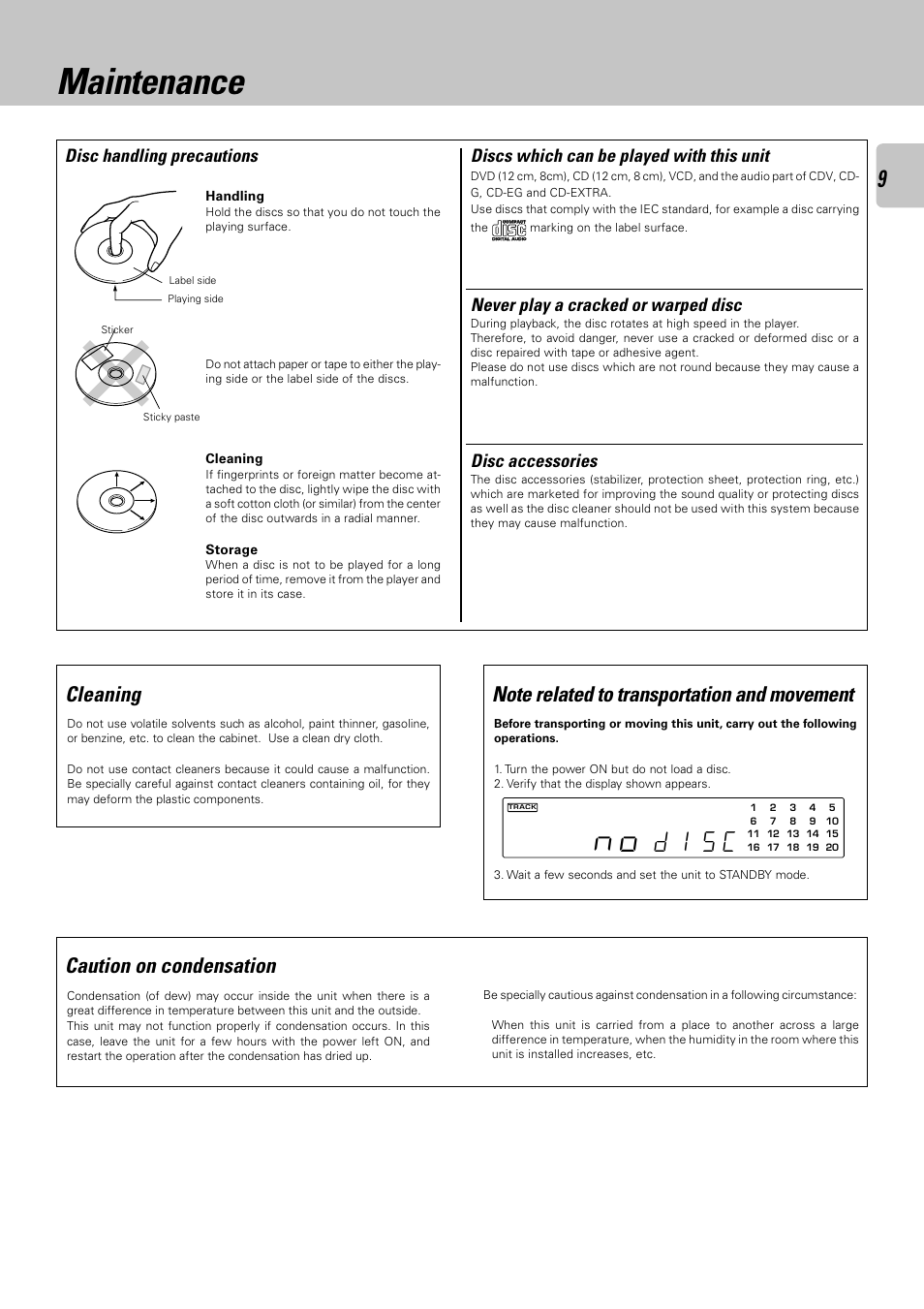 Maintenance, D 1 s c, Caution on condensation | Cleaning, Discs which can be played with this unit, Disc handling precautions disc accessories, Never play a cracked or warped disc | Kenwood DPF-3030 User Manual | Page 9 / 24