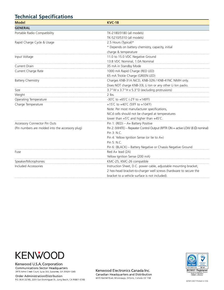 Technical specifications | Kenwood KVC-18 User Manual | Page 2 / 2