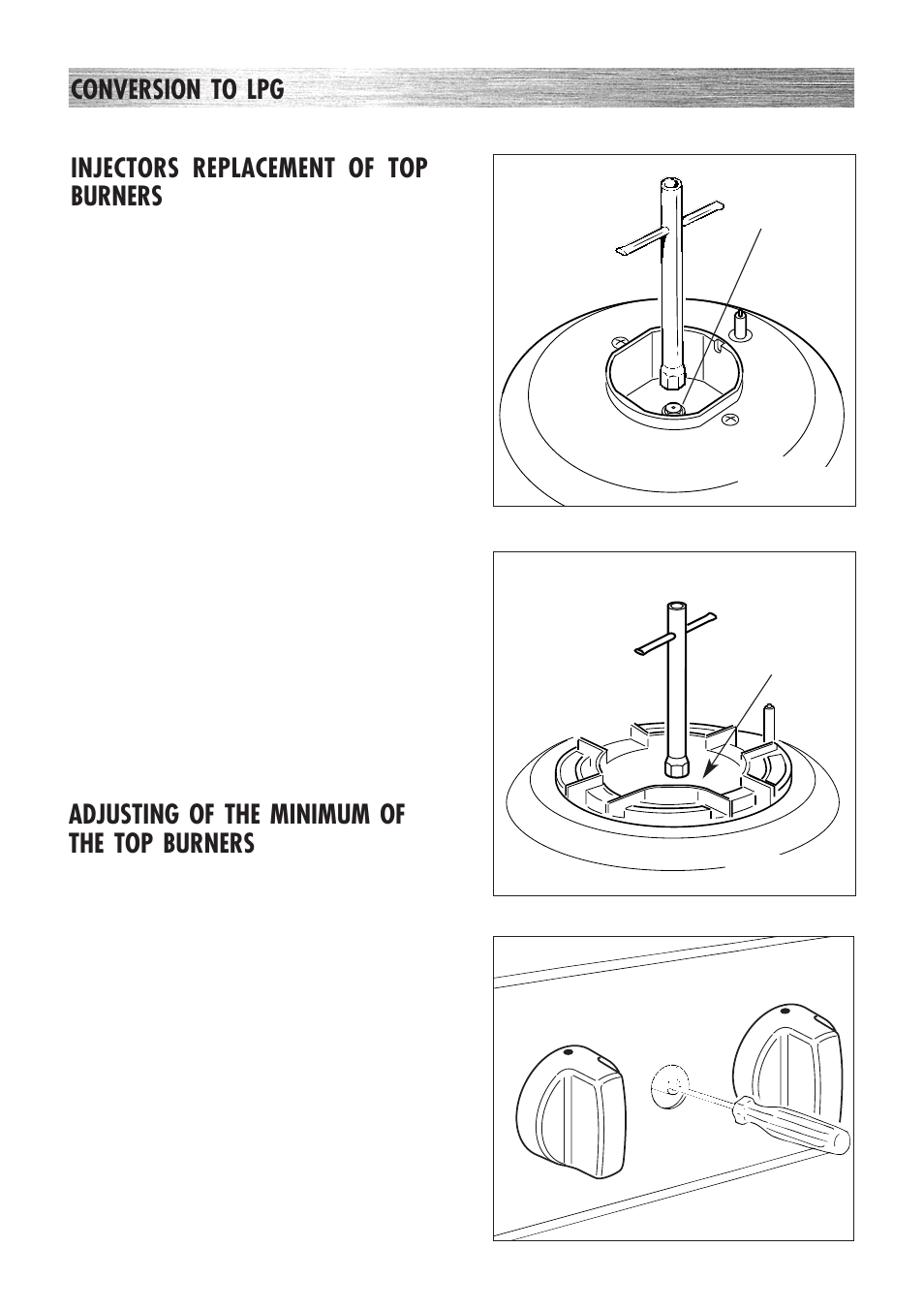 Adjusting of the minimum of the top burners, Injectors replacement of top burners, Conversion to lpg | Kenwood CK 300 User Manual | Page 35 / 48