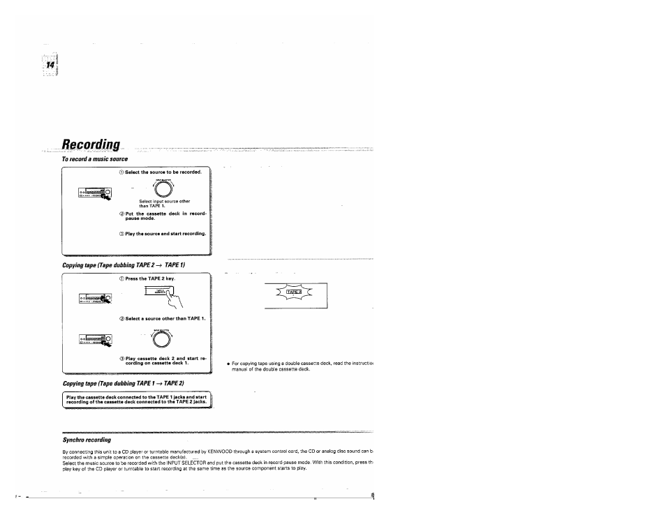 To record a music source, Copying tape (tape dubbing tape2^ tape 1, Copying tape (tape dubbing tape 1 tape2) | Synchro recording, Mcqrjimu | Kenwood KR-V5560 User Manual | Page 14 / 24