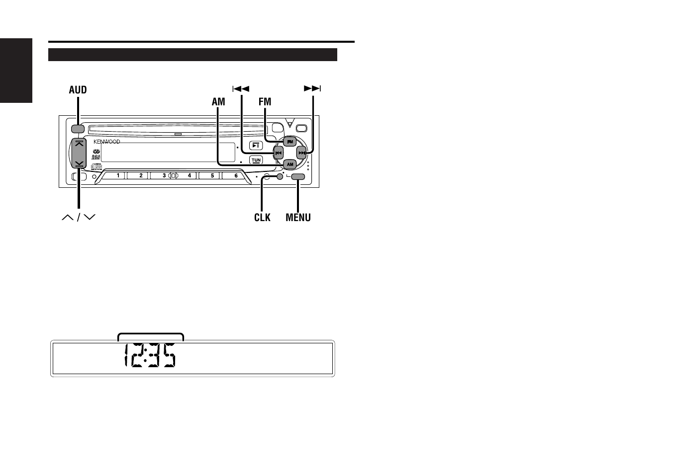 Other features, Buttons and display, English | Menu u / d aud, Clk am fm 4, Clock display other features | Kenwood CD RECEIVER KDC-4060RA User Manual | Page 8 / 28