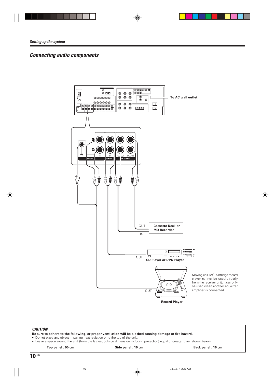 Connecting audio components, Setting up the system caution | Kenwood VR-8050 User Manual | Page 10 / 44