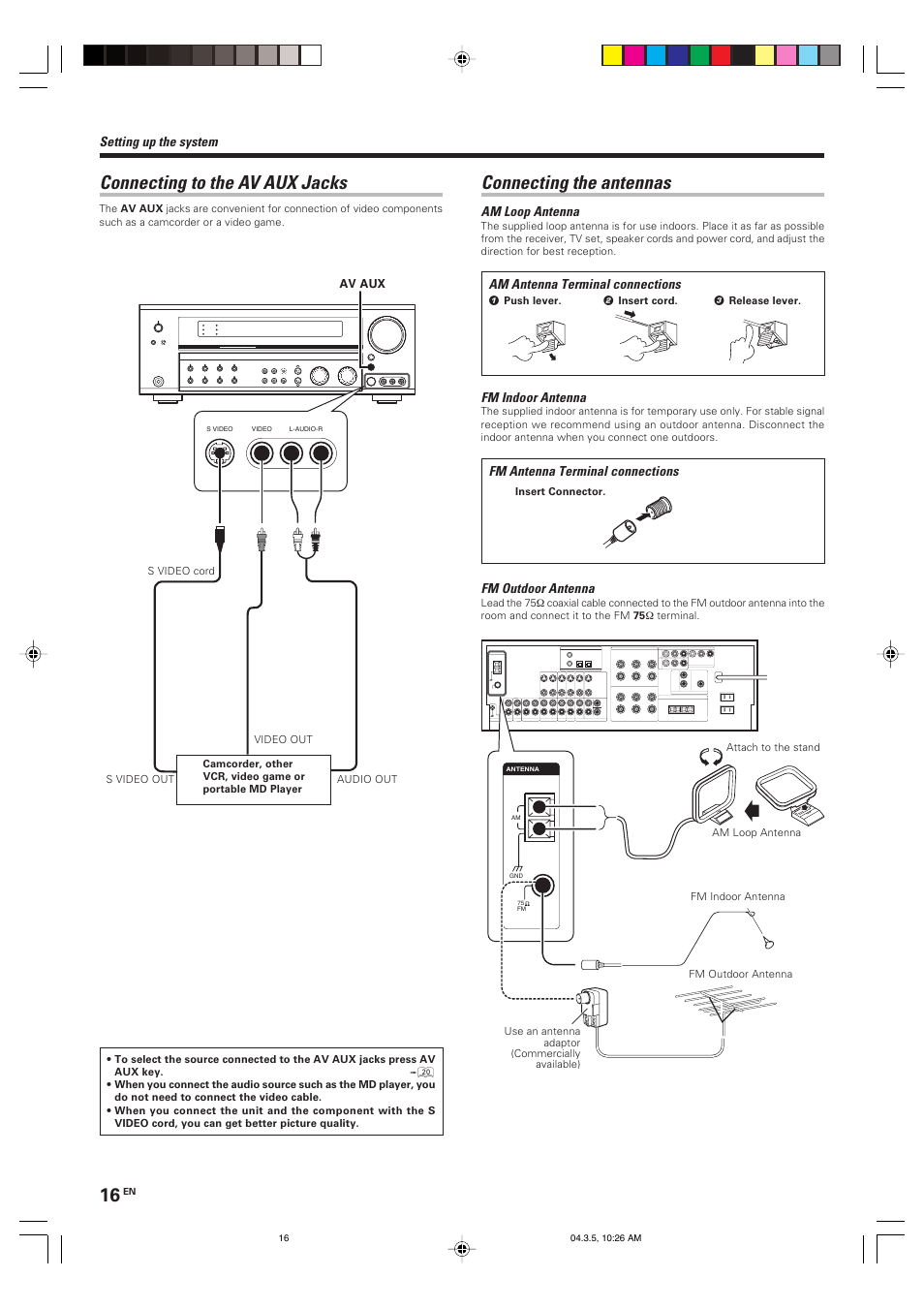 Connecting the antennas, Connecting to the av aux jacks | Kenwood VR-8050 User Manual | Page 16 / 44