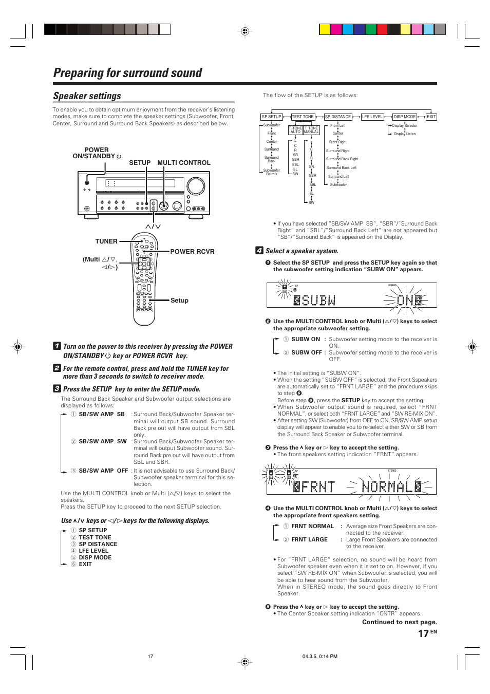 Preparing for surround sound, Speaker settings, Press the setup key to enter the setup mode | Keys or, Keys, For the following displays, Select a speaker system, Continued to next page | Kenwood VR-8050 User Manual | Page 17 / 44