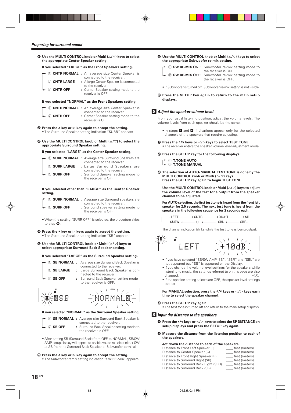 Adjust the speaker volume level, Input the distance to the speakers, Preparing for surround sound | Kenwood VR-8050 User Manual | Page 18 / 44