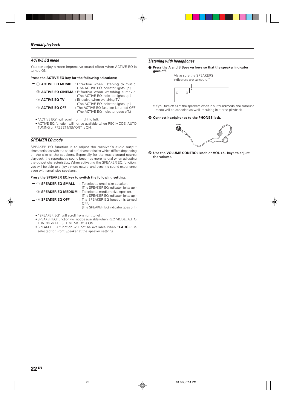 Normal playback active eq mode, Speaker eq mode, Listening with headphones | Kenwood VR-8050 User Manual | Page 22 / 44
