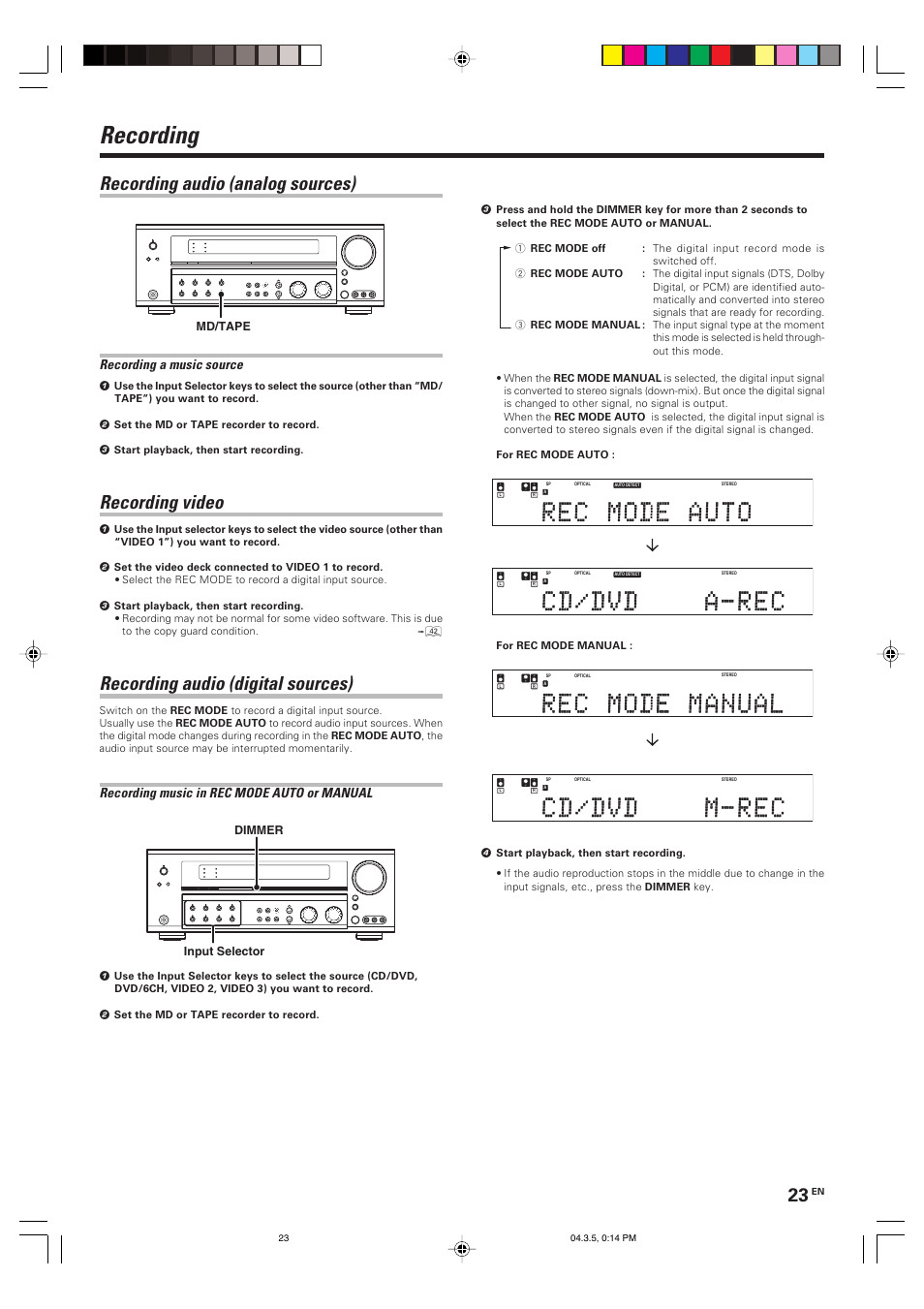 Recording, Recording audio (analog sources), Recording video | Recording audio (digital sources), Recording a music source, Recording music in rec mode auto or manual, Input selector dimmer, Md/tape, For rec mode manual | Kenwood VR-8050 User Manual | Page 23 / 44