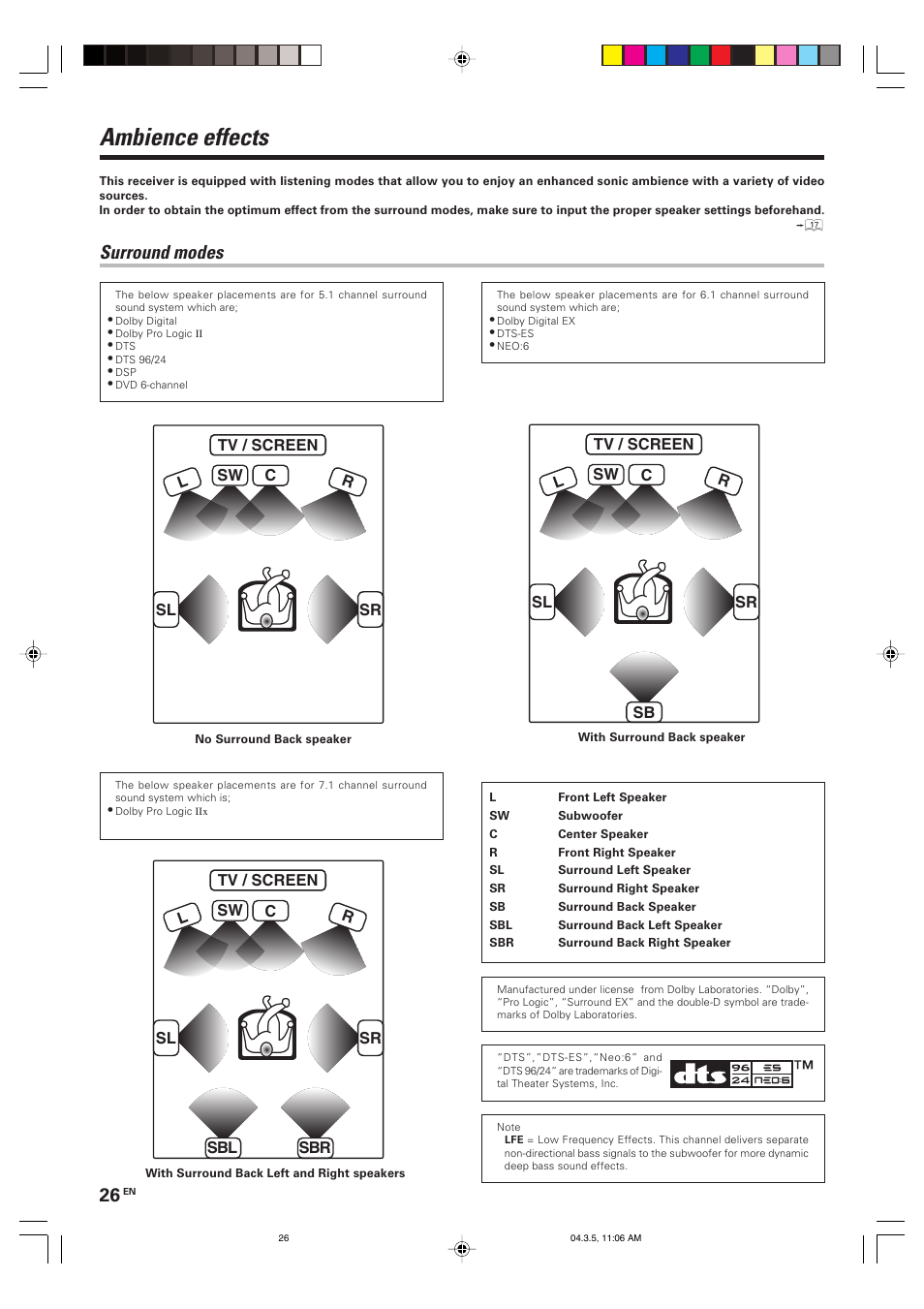 Ambience effects, Surround modes | Kenwood VR-8050 User Manual | Page 26 / 44