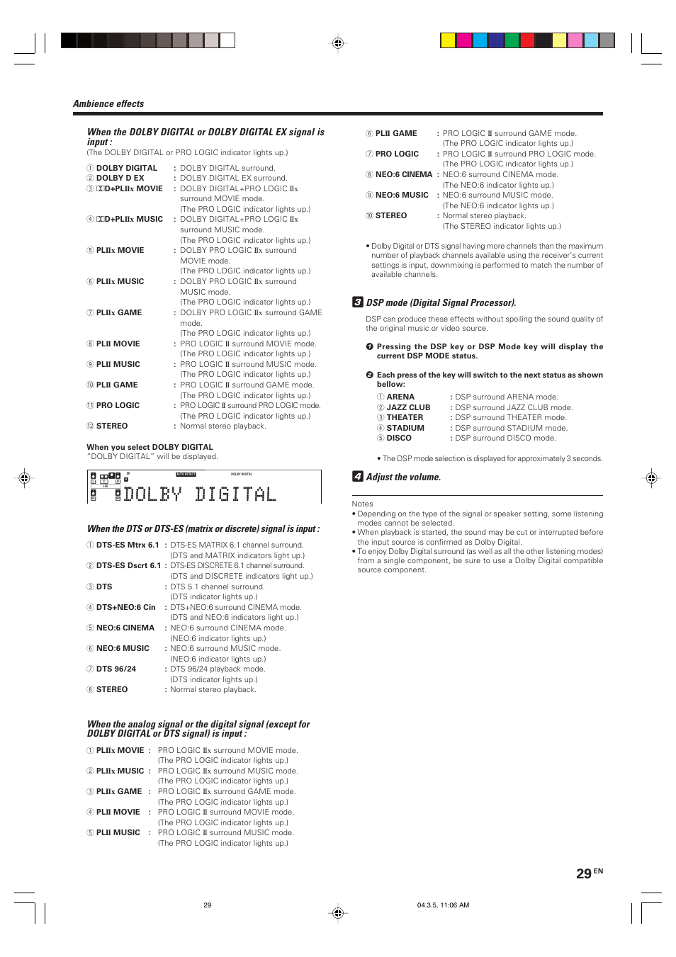 Ambience effects, Dsp mode (digital signal processor), Adjust the volume | Kenwood VR-8050 User Manual | Page 29 / 44