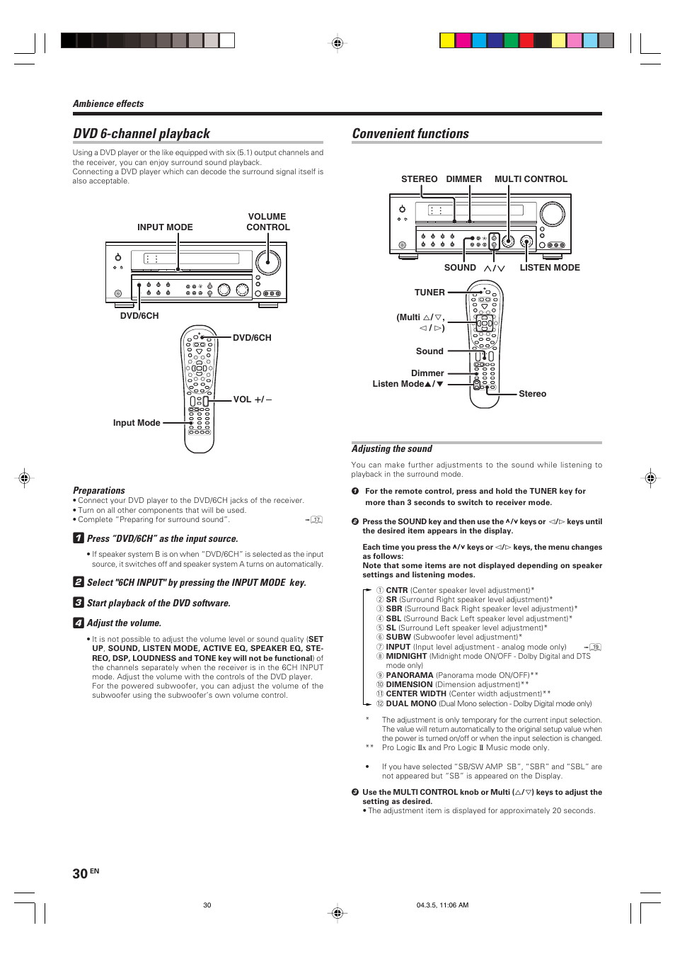 Convenient functions, Dvd 6-channel playback | Kenwood VR-8050 User Manual | Page 30 / 44