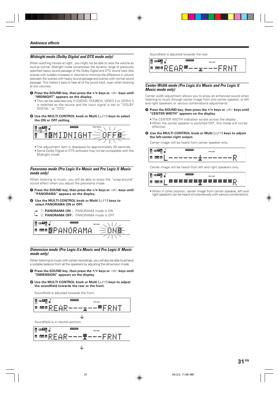 Panorama mode (pro logic, X music and pro logic, Music mode only) | Dimension mode (pro logic, Center width mode (pro logic, Soundfield is in neutral position, Soundfield is adjusted towards the rear | Kenwood VR-8050 User Manual | Page 31 / 44