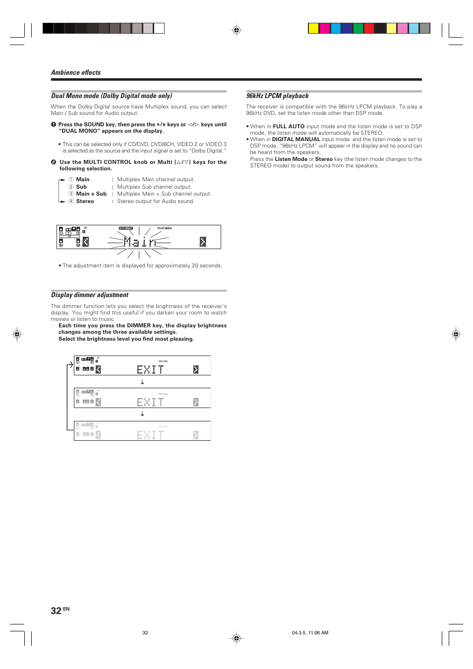 Display dimmer adjustment, 96khz lpcm playback | Kenwood VR-8050 User Manual | Page 32 / 44