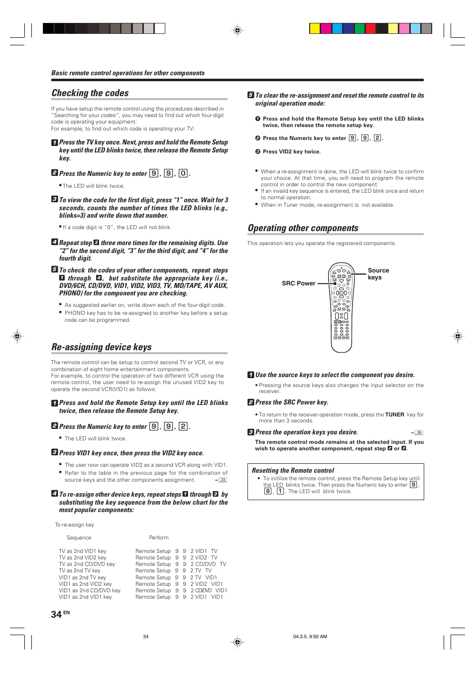 Checking the codes, Re-assigning device keys, Operating other components | Kenwood VR-8050 User Manual | Page 34 / 44