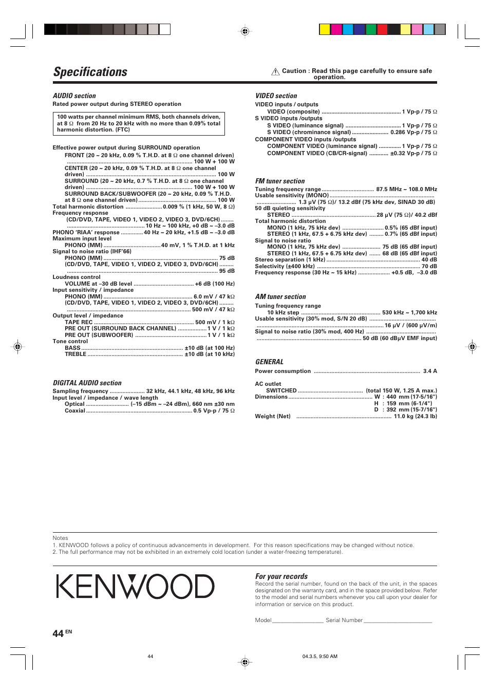 Specifications | Kenwood VR-8050 User Manual | Page 44 / 44