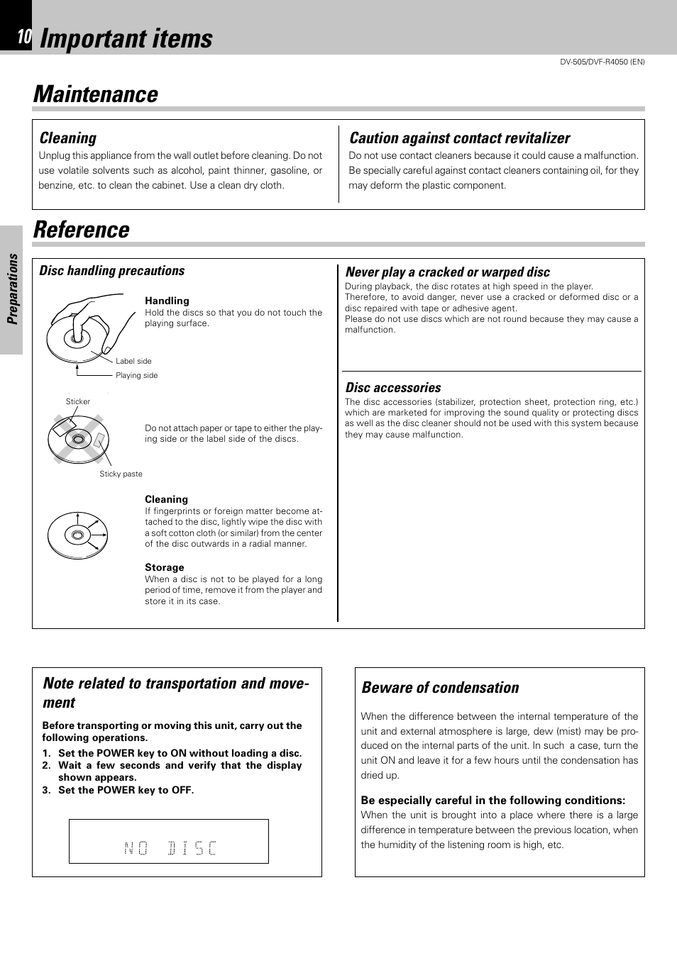 Important items, Maintenance reference, Cleaning | Caution against contact revitalizer, Beware of condensation | Kenwood DVF-R4050 User Manual | Page 10 / 44