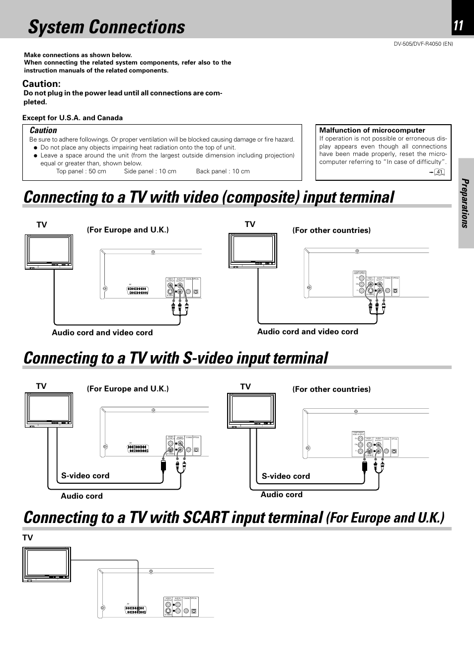 System connections, Connecting to a tv with s-video input terminal, Connecting to a tv with scart input terminal | For europe and u.k.), Preparations, Caution, Audio cord s-video cord tv tv, Audio cord and video cord, Tv (for europe and u.k.) (for other countries), Malfunction of microcomputer | Kenwood DVF-R4050 User Manual | Page 11 / 44