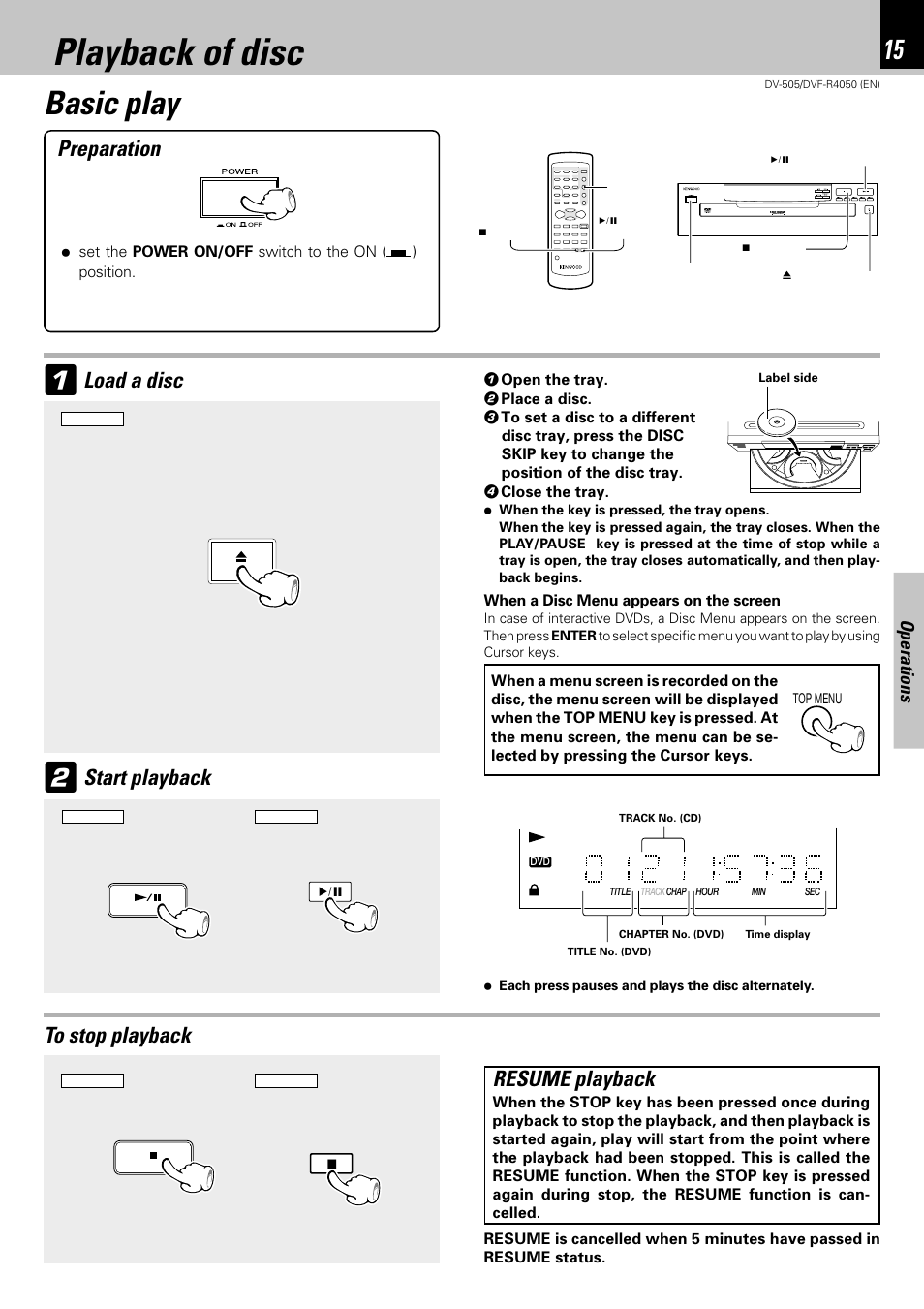 Playback of disc, Basic play, Preparation | Load a disc, Start playback, Resume playback, Operations | Kenwood DVF-R4050 User Manual | Page 15 / 44