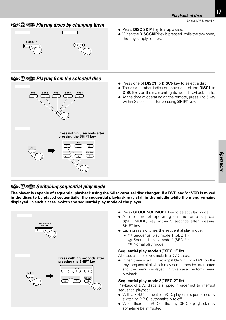 Playing discs by changing them, Playing from the selected disc, Switching sequential play mode | Operations, Playback of disc | Kenwood DVF-R4050 User Manual | Page 17 / 44