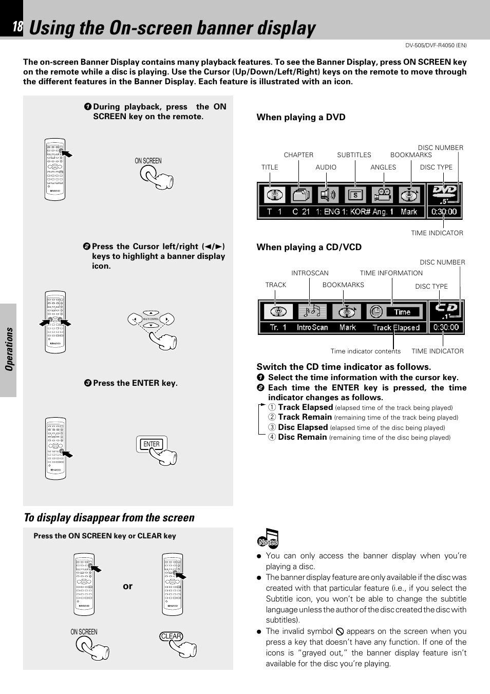 Using the on-screen banner display, Operations | Kenwood DVF-R4050 User Manual | Page 18 / 44