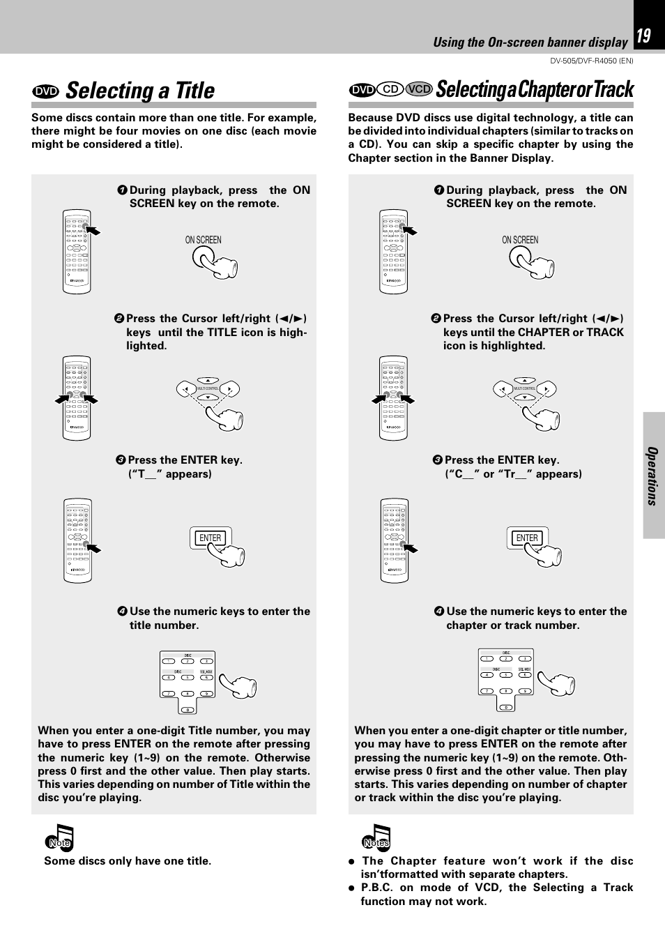 Selecting a title, Selecting a chapter or track | Kenwood DVF-R4050 User Manual | Page 19 / 44