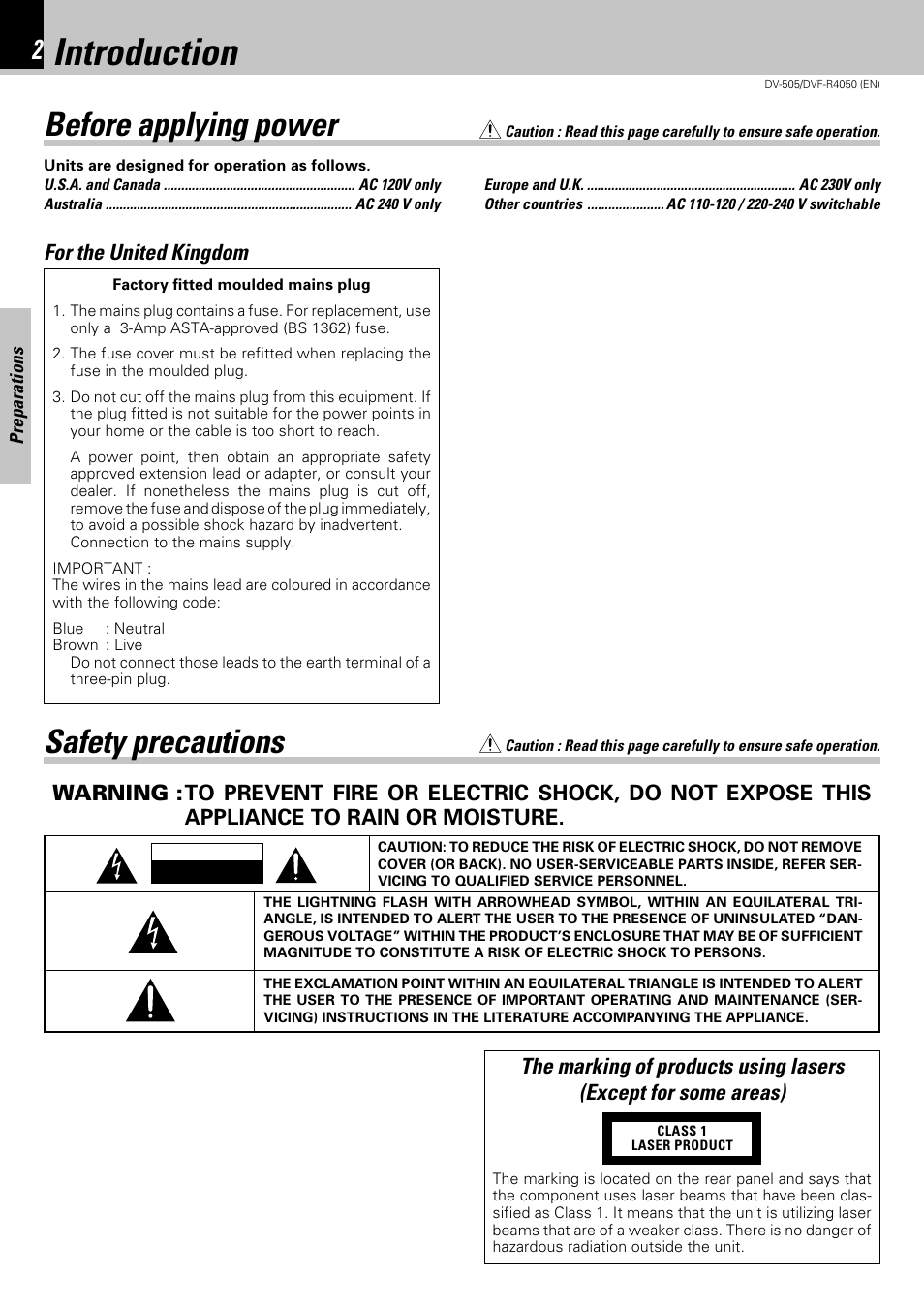 Introduction, Before applying power, Safety precautions | Kenwood DVF-R4050 User Manual | Page 2 / 44
