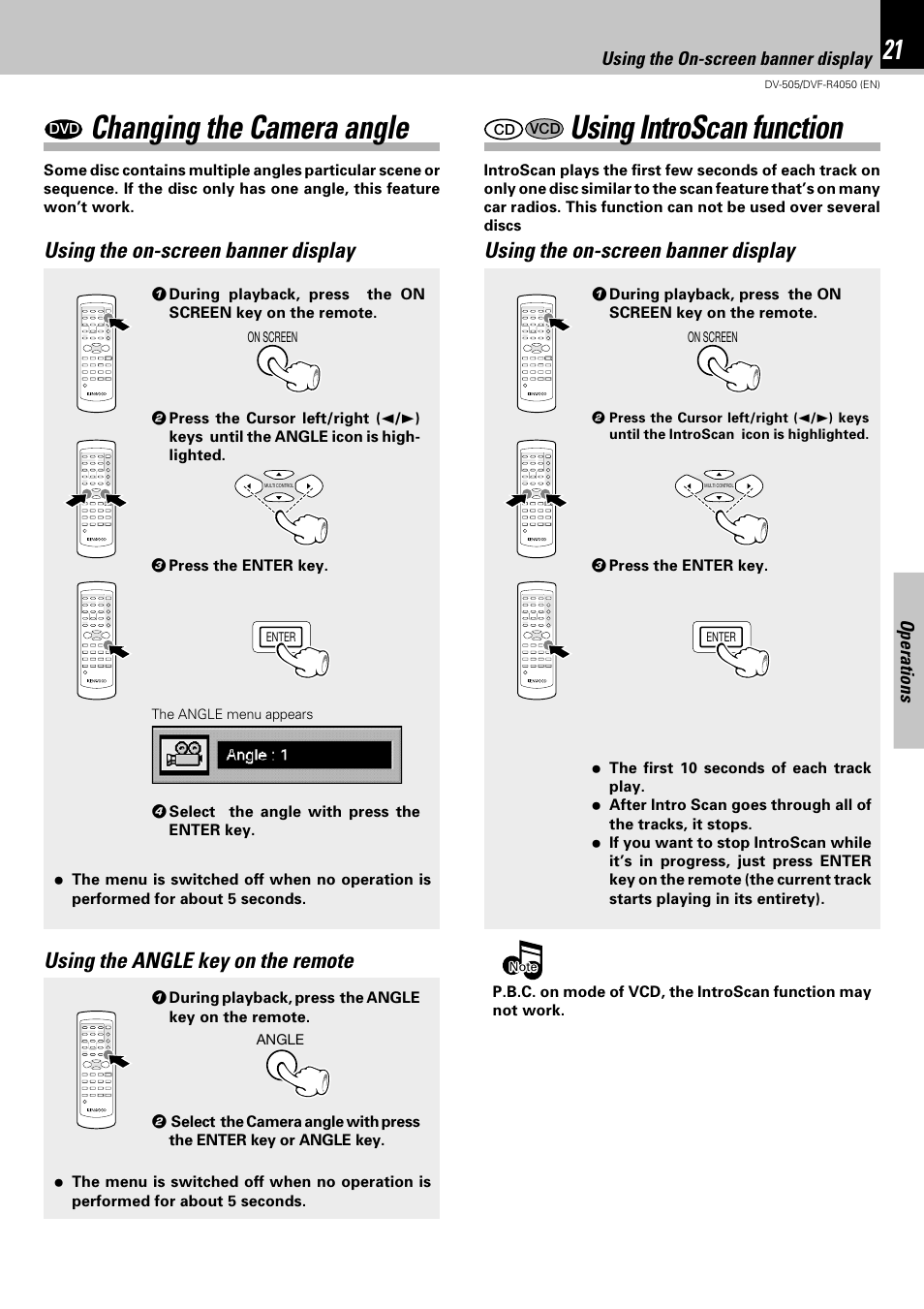 Changing the camera angle, Using introscan function, Using the on-screen banner display | Kenwood DVF-R4050 User Manual | Page 21 / 44