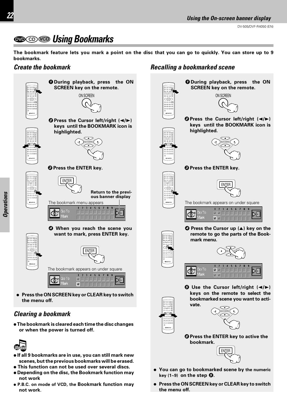 Using bookmarks, Operations, Using the on-screen banner display | Kenwood DVF-R4050 User Manual | Page 22 / 44