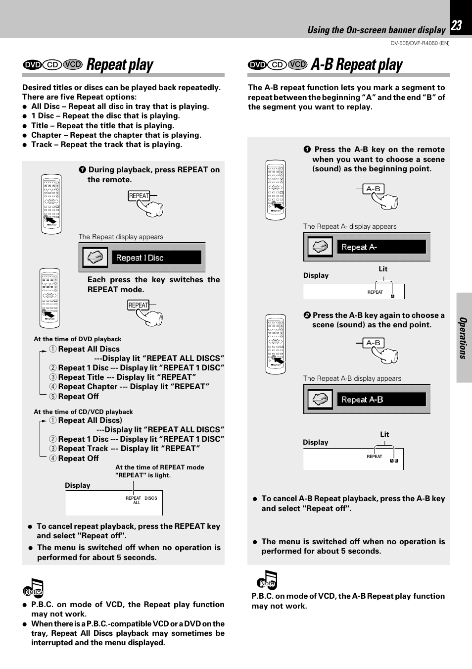 Repeat play, A-b repeat play, Operations | Using the on-screen banner display | Kenwood DVF-R4050 User Manual | Page 23 / 44