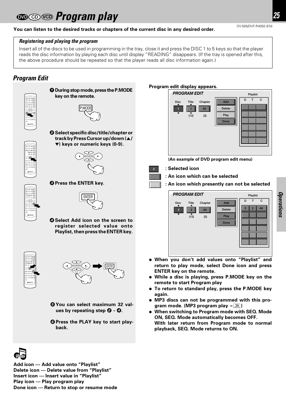 Program play, Program edit, Operations | Registering and playing the program | Kenwood DVF-R4050 User Manual | Page 25 / 44